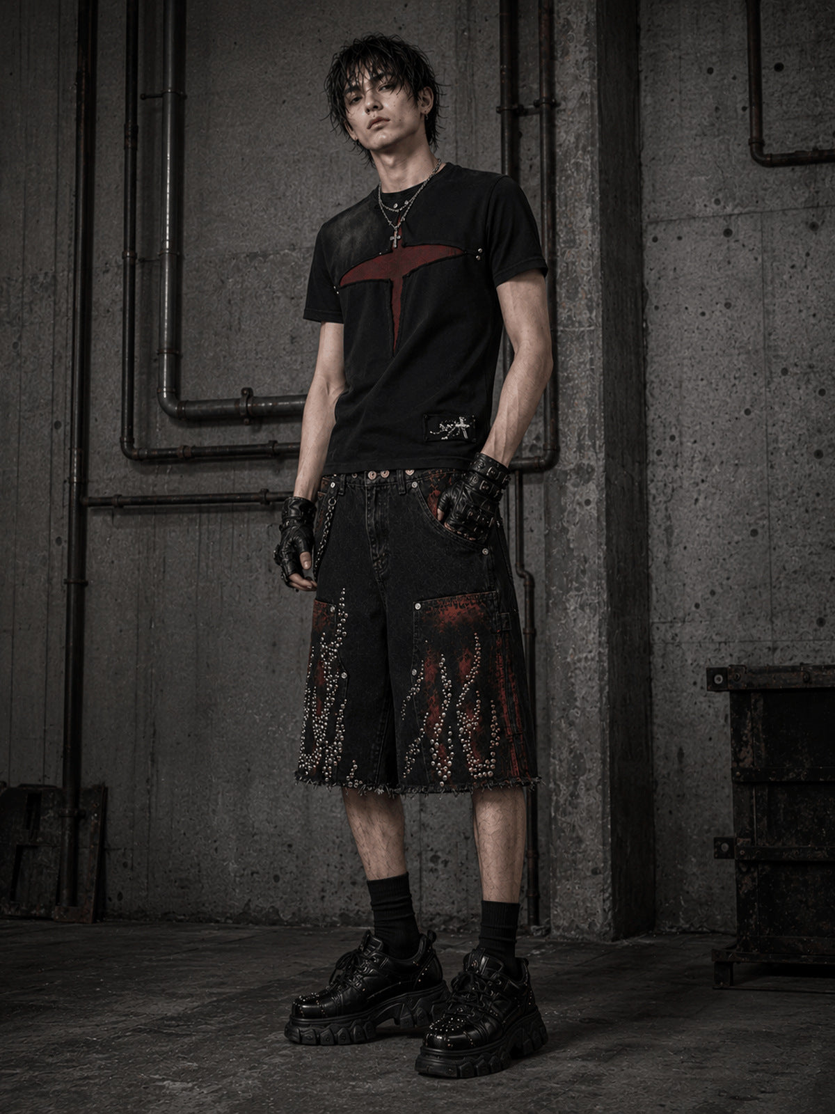 Studded flame jorts – on model, front | XoKool