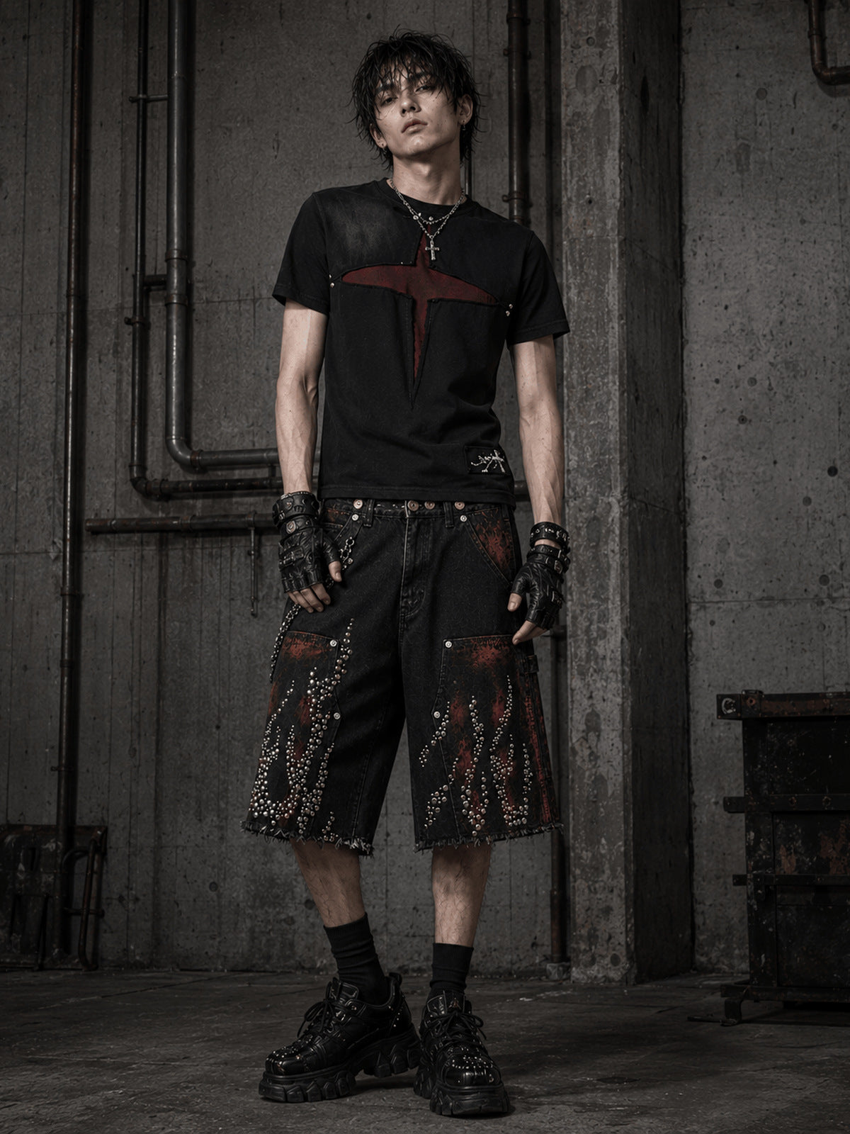 Black Carpenter Jorts with Studded Flames – on model, front | XoKool