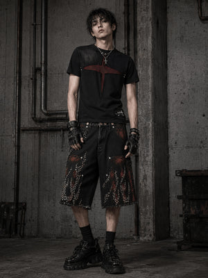 Black Carpenter Jorts with Studded Flames – on model, front | XoKool