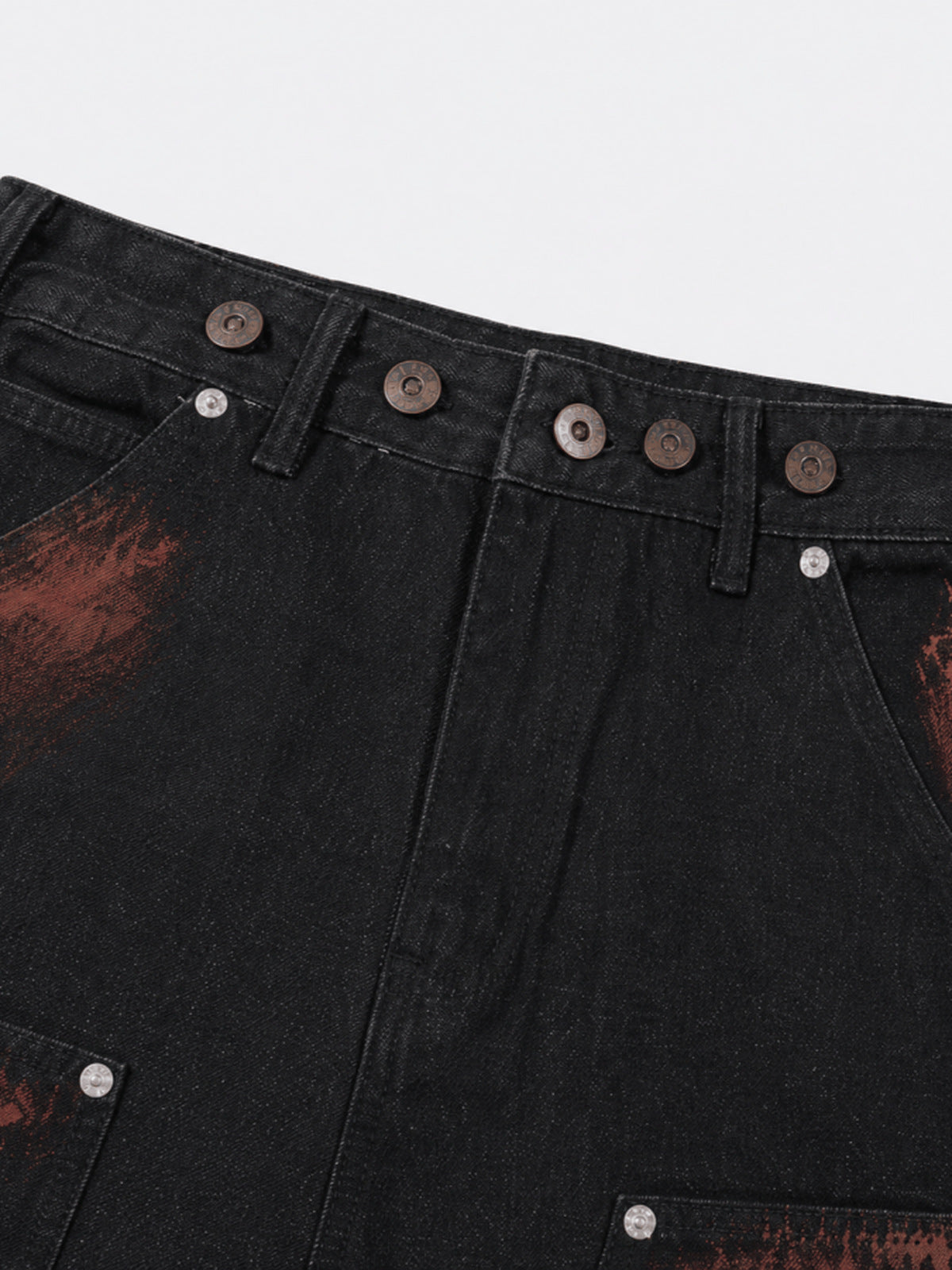Studded flame jorts – waistband buttons close-up | XoKool