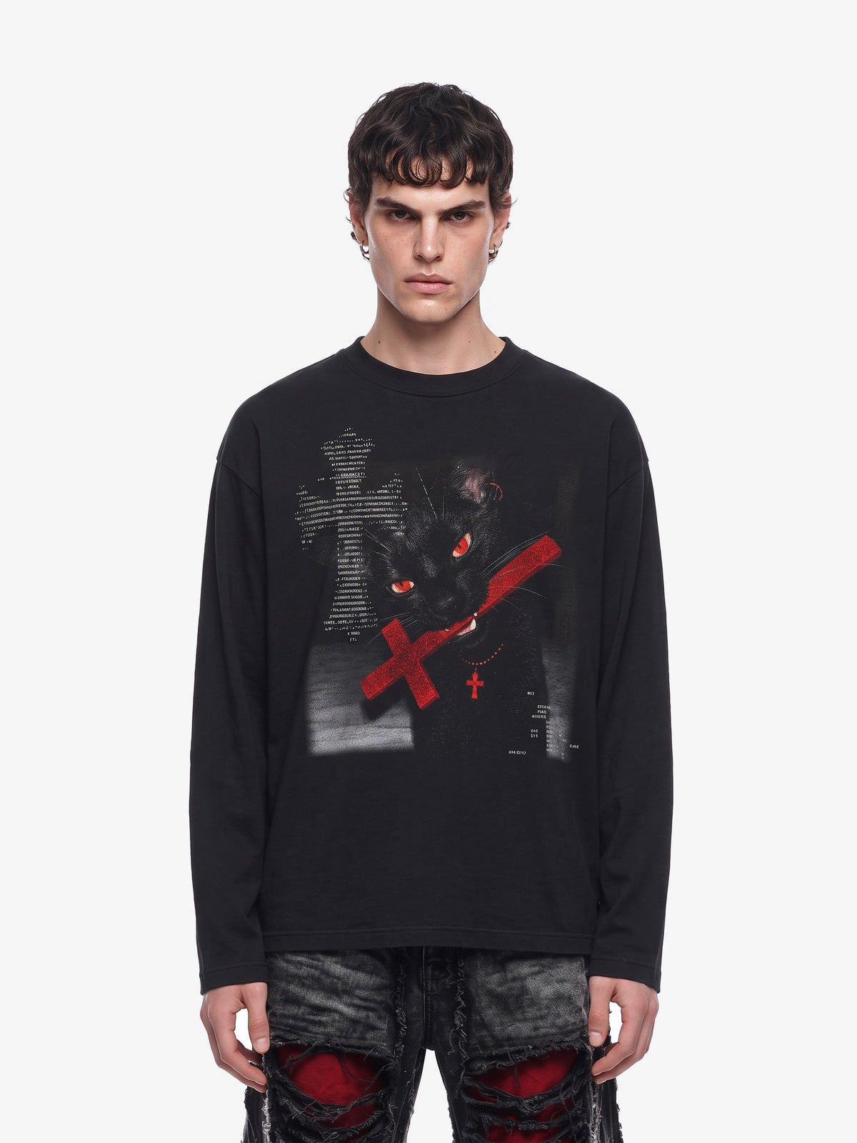 Black Cat Gothic Long Sleeve T-Shirt – on model, front | XoKool