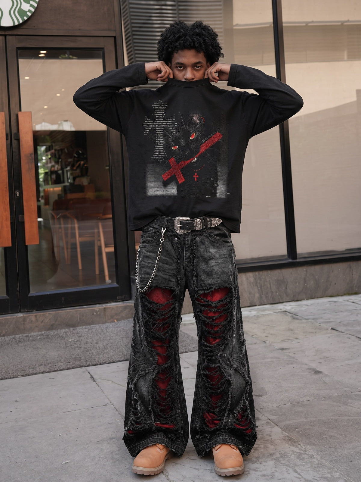 Black Cat Gothic Long Sleeve T-Shirt – street photo | XoKool
