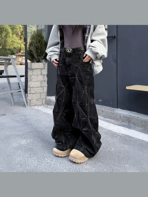 Black Crinkle Texture Baggy Jeans – street photo, front (women styling) | XoKool