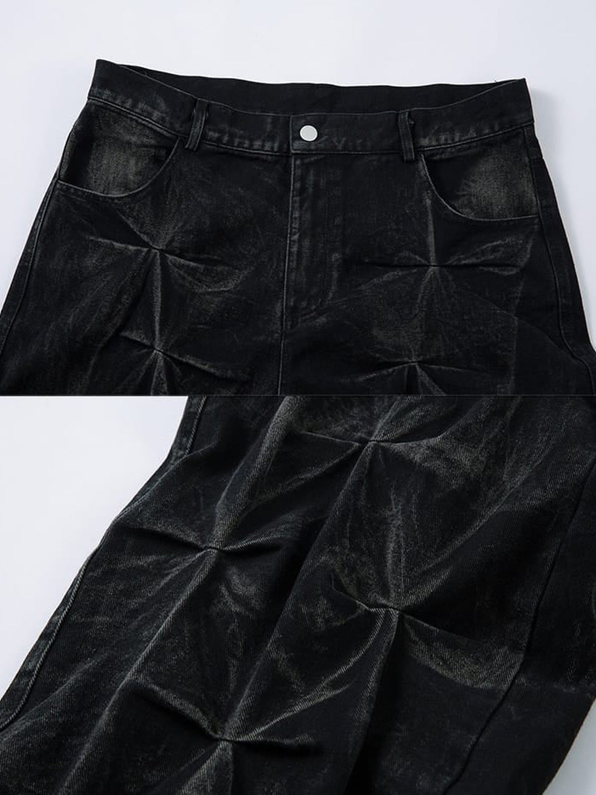 Crinkle Baggy Jeans – waistband & texture close-up | XoKool
