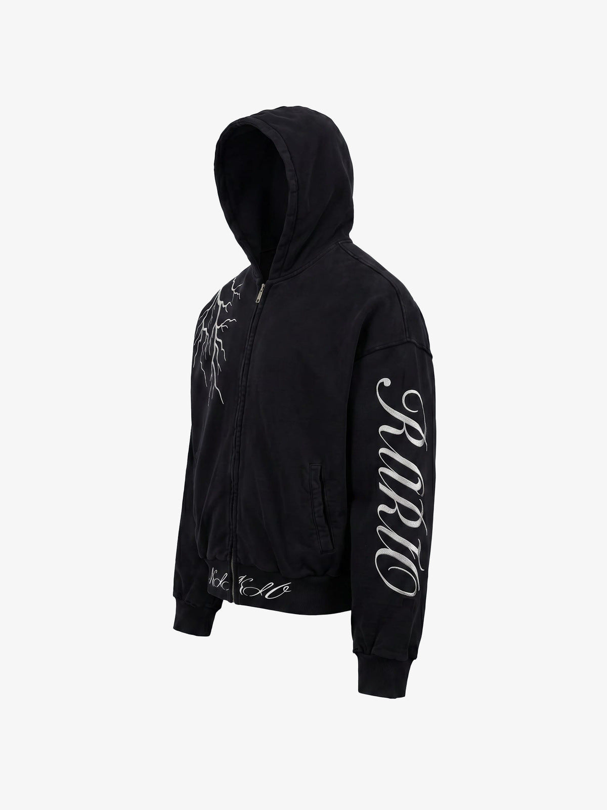 Zip Hoodie mit Blitz – Schwarz, schräge Vorderansicht | XoKool