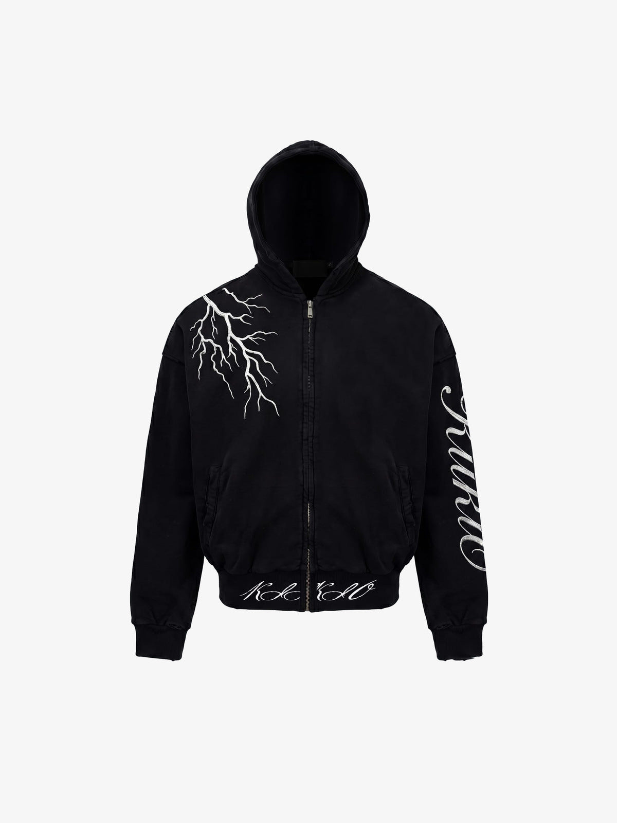 Schwarzer Cropped Zip Hoodie mit Blitz – Schwarz, Vorderansicht | XoKool