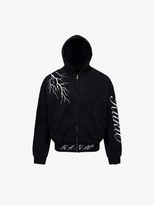 Schwarzer Cropped Zip Hoodie mit Blitz – Schwarz, Vorderansicht | XoKool