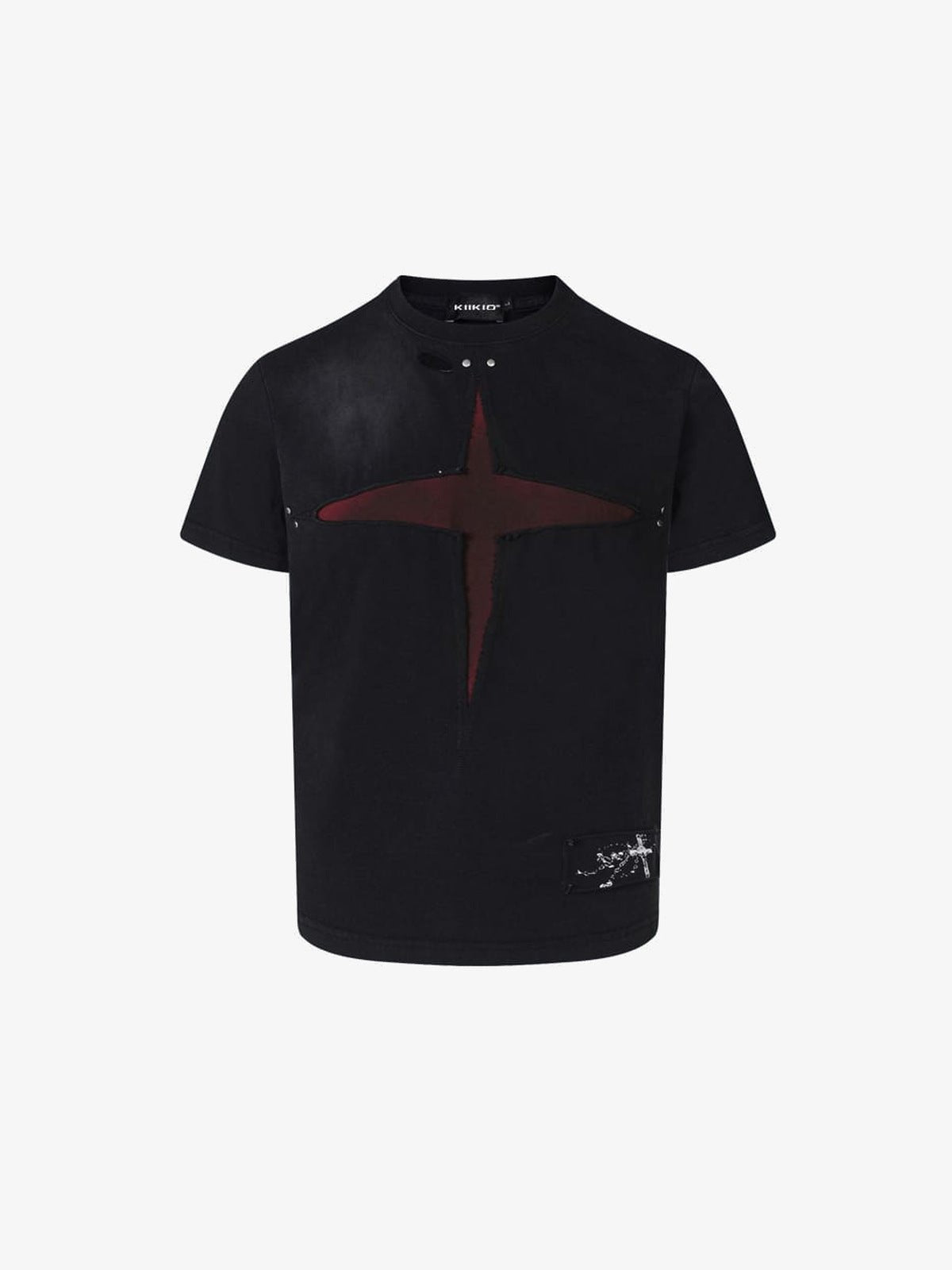 Black Cross T-Shirt with Red Cut-Out and Rivets – Black, front flat view | XoKool