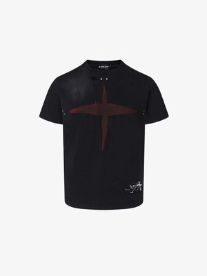 Black Cross T-Shirt with Red Cut-Out and Rivets – Black, front flat view | XoKool