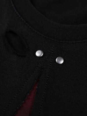 Cross cut-out tee – neck hole and rivets close-up | XoKool