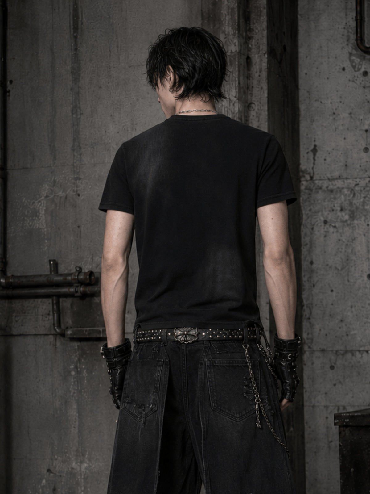 Black Cross T-Shirt with Red Cut-Out and Rivets – on model, back | XoKool
