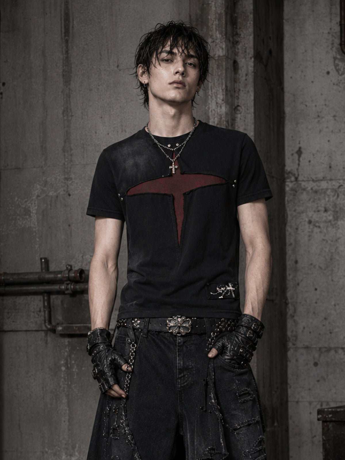 Black Cross T-Shirt with Red Cut-Out and Rivets – on model, front | XoKool