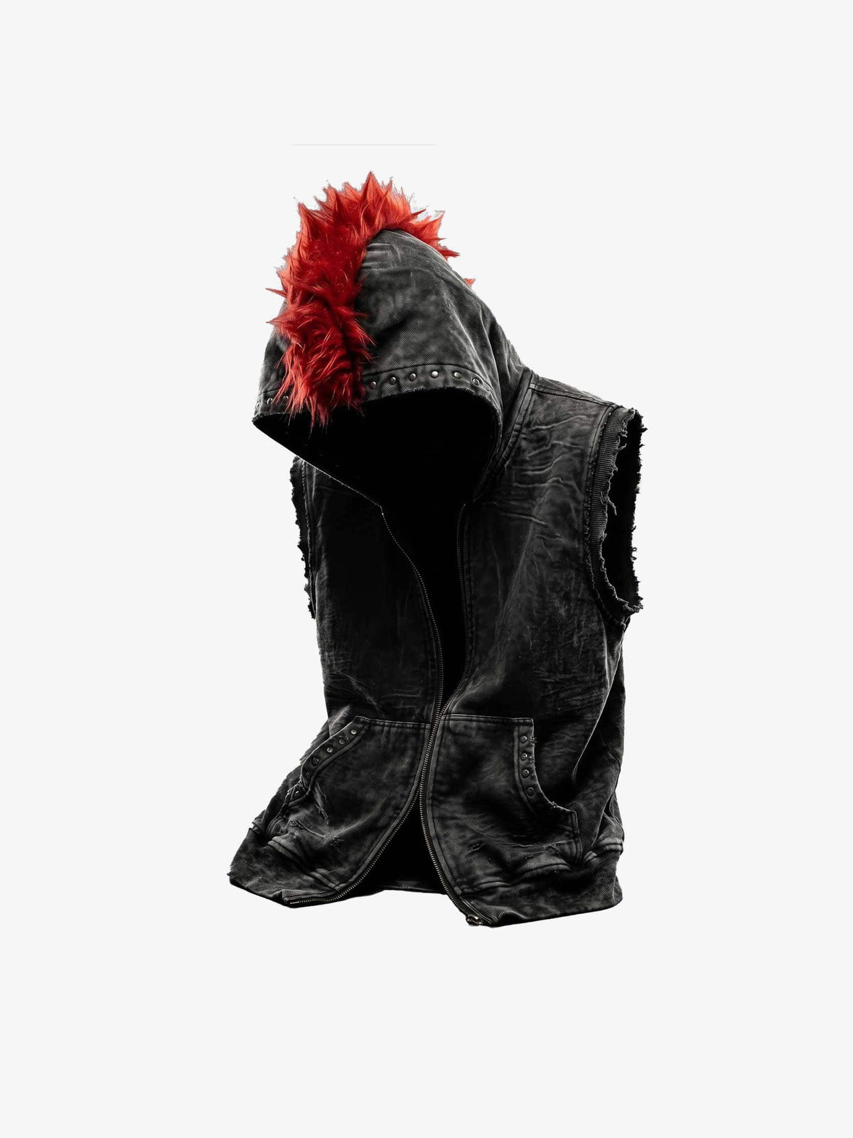Schwarze Jeansweste mit Kapuze und rotem Kunstfell-Emblem – Schwarz/Rot, schräg flach | XoKool
