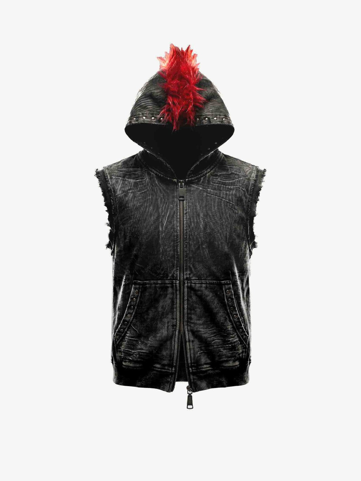 Chaleco de denim negro con capucha y escudo de piel sintética roja – negro/rojo, frente | XoKool