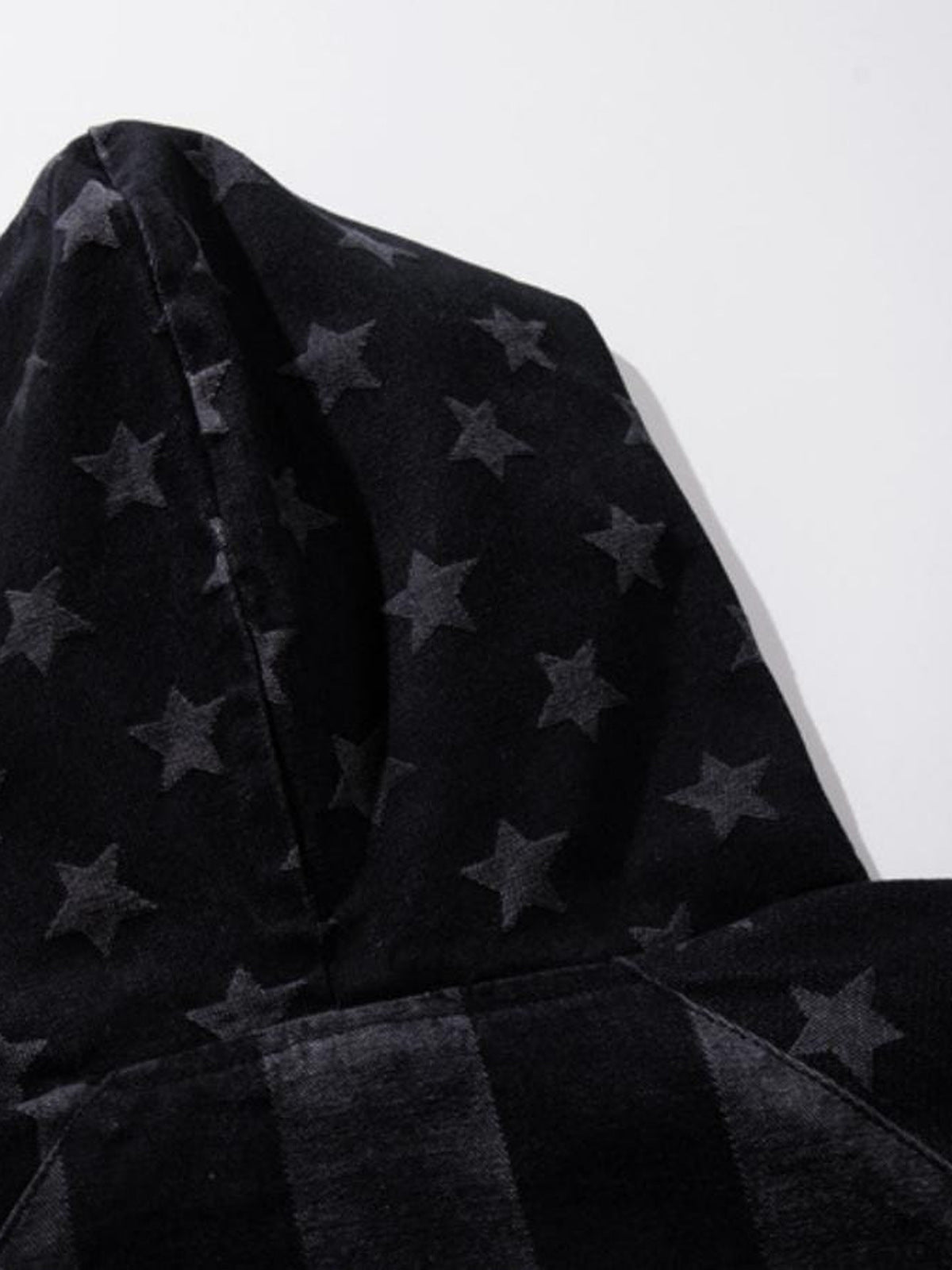 Black Denim Stars and Stripes Hoodie – hood close-up | XoKool