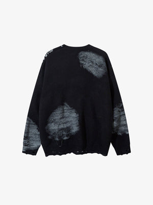Schwarzer Distressed Jacquard Pullover mit Kettenmotiv und Spray Wash – Schwarz, Rückansicht | XoKool
