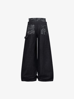 Schwarze Jeans mit doppeltem Bund und Marmor-Print – hinten, Flat Lay | XoKool
