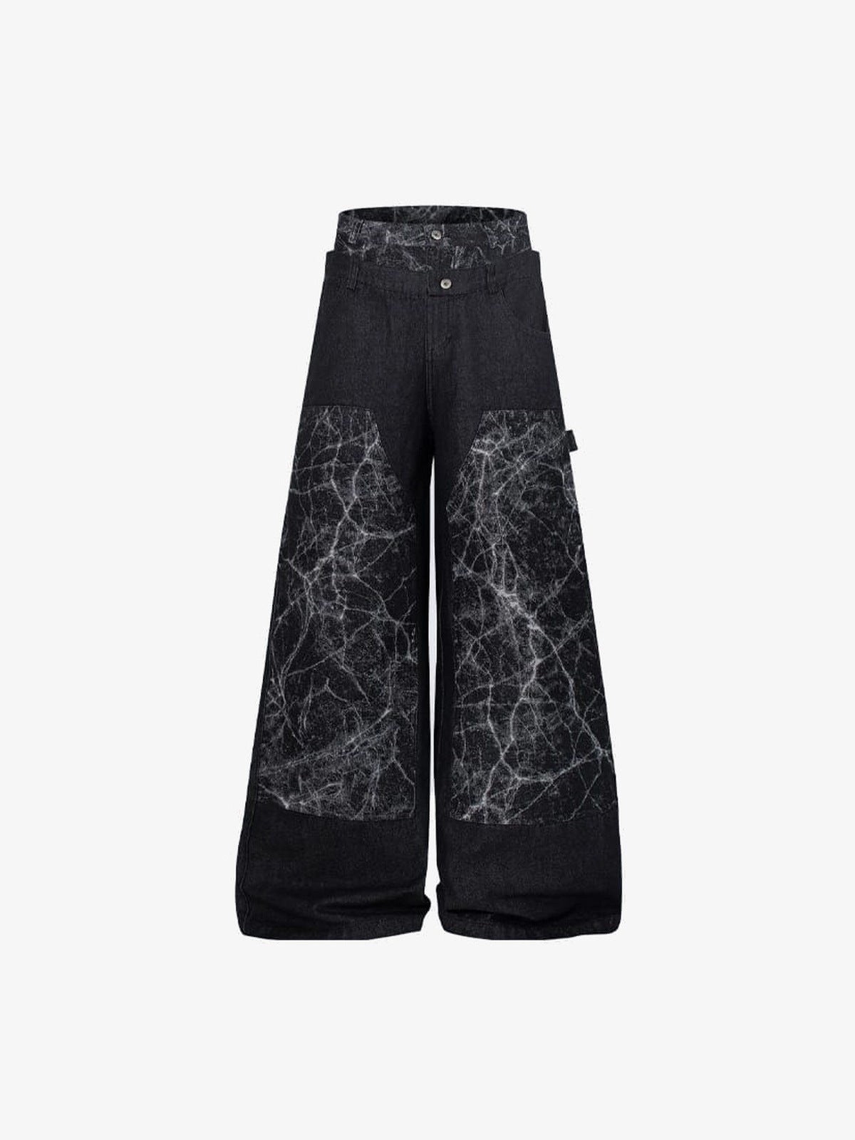 Schwarze Jeans mit doppeltem Bund und Marmor-Print – vorne, Flat Lay | XoKool