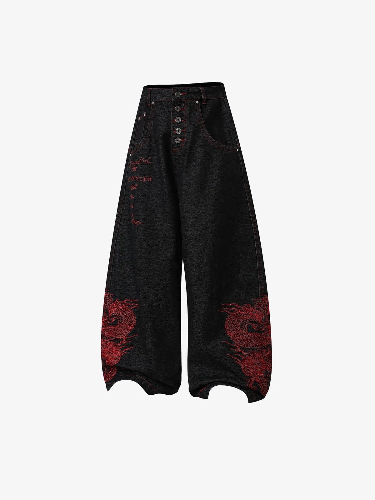 Schwarze Drachen-Jeans mit roter Stickerei – Vorderseite, flach liegend | XoKool
