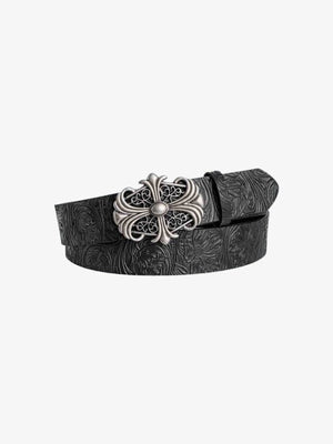 Black Embossed Belt with Cross Buckle – Black, buckle front view | XoKool