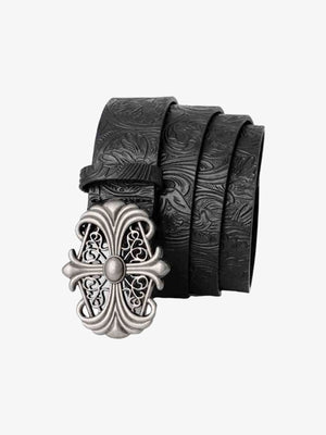 Black Embossed Belt with Cross Buckle – coiled belt, buckle view | XoKool