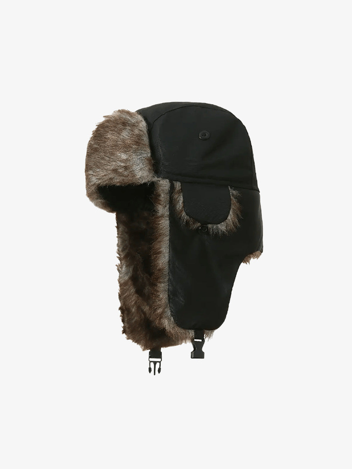 Schwarze Ushanka Fliegermütze mit Kunstfellfutter – Schwarz, Seiten-Vorderansicht | XoKool