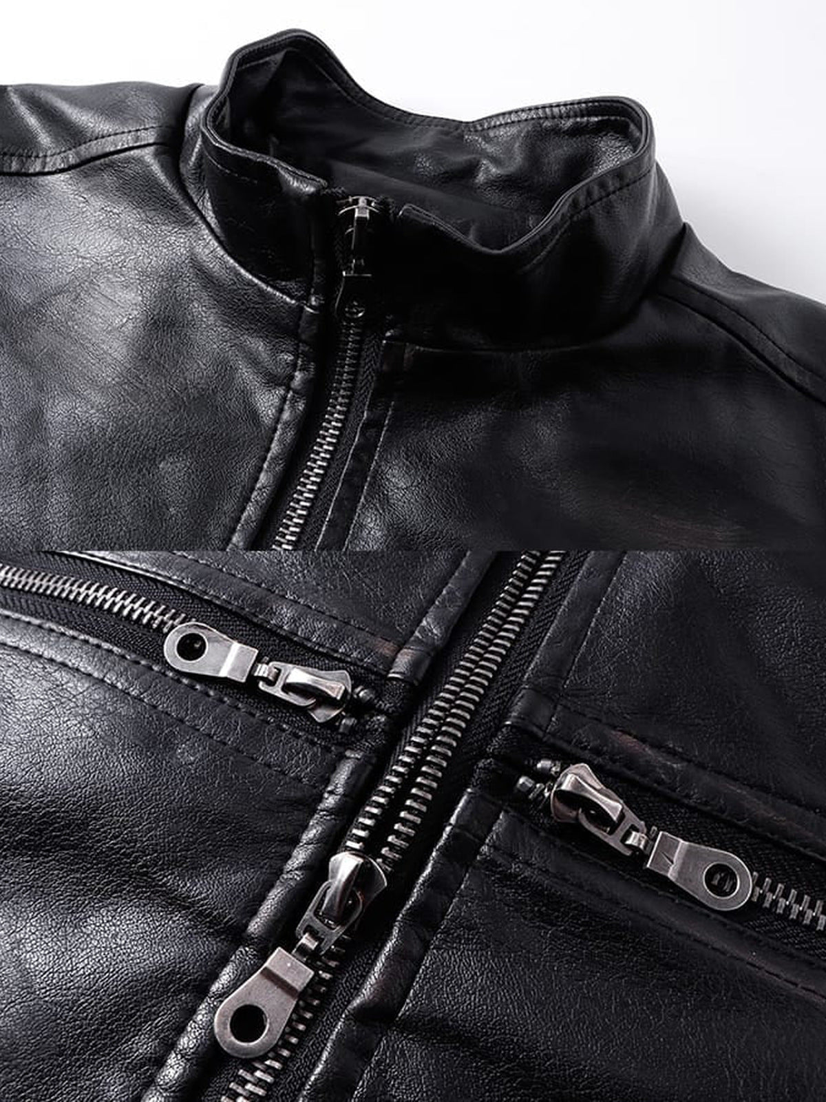Chaqueta cafe racer de cuero sintético – detalles de cuello y cierre | XoKool