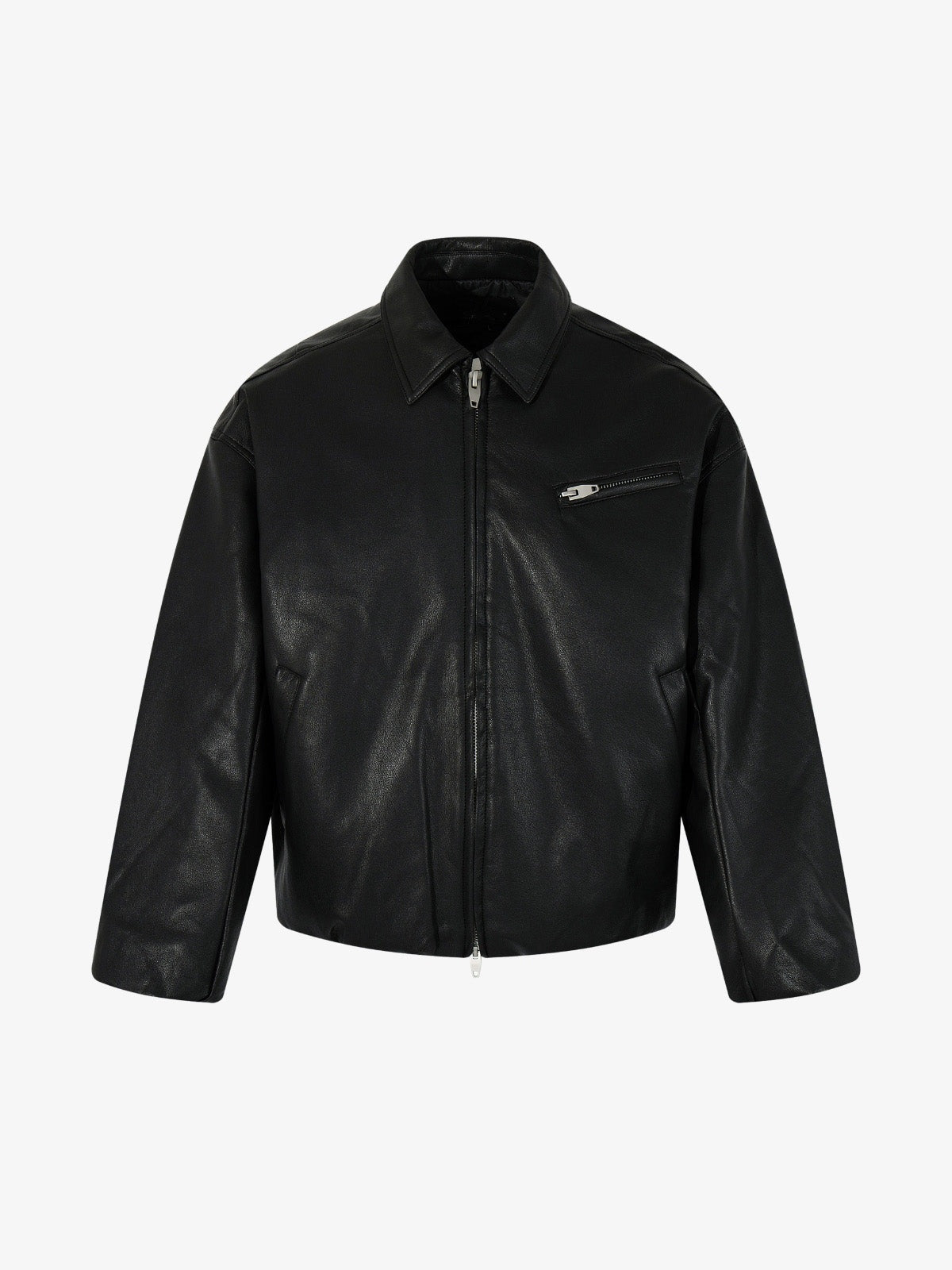 Black Faux Leather Collared Zip Jacket – Black, front view | XoKool