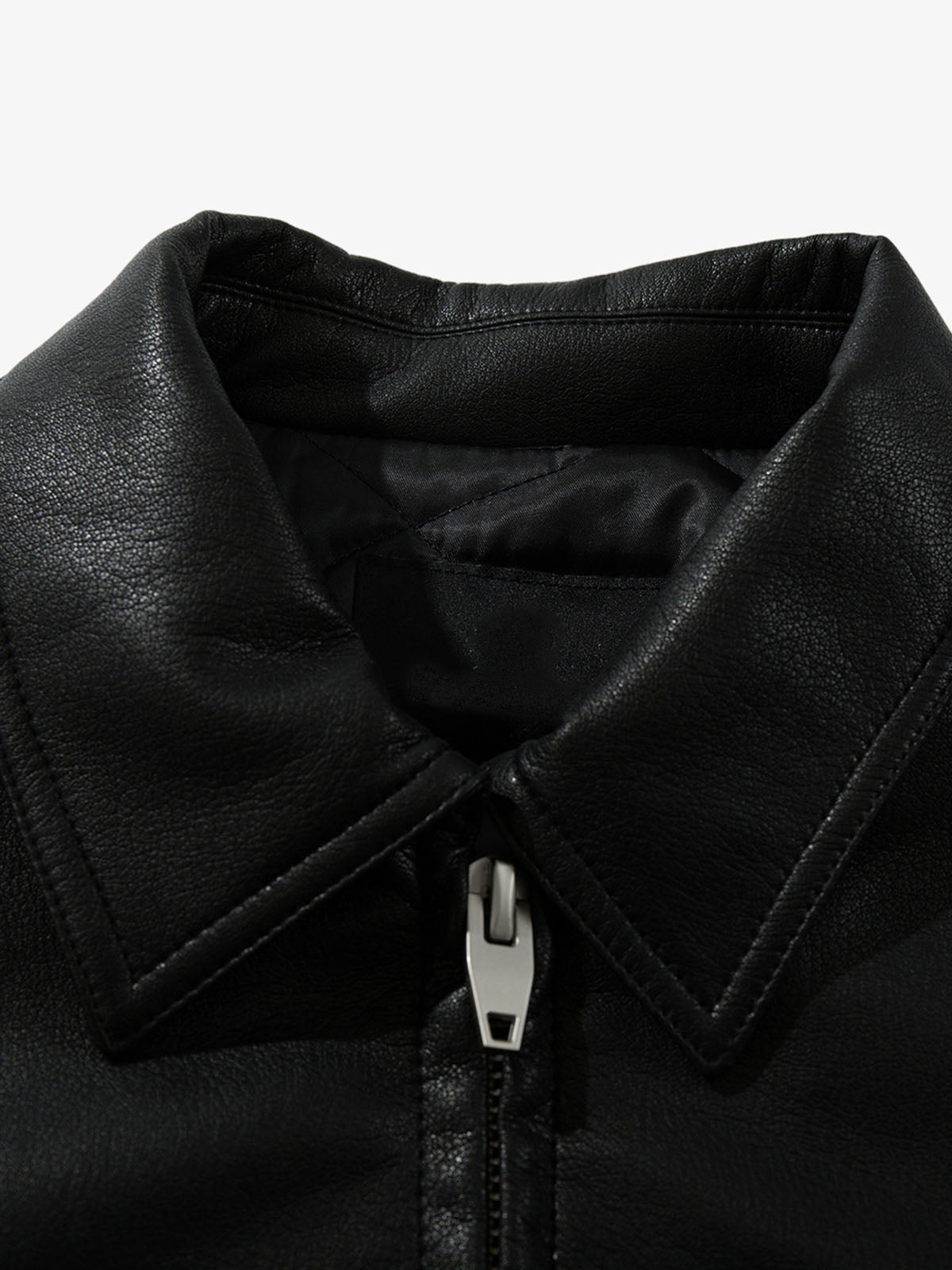 Black Faux Leather Collared Zip Jacket – Black, inner collar close-up | XoKool