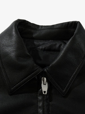 Black Faux Leather Collared Zip Jacket – Black, inner collar close-up | XoKool