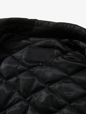 Black Faux Leather Collared Zip Jacket – Black, quilted lining close-up | XoKool