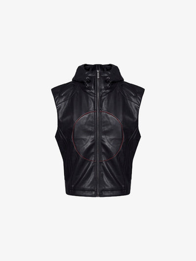 Chaleco de cuero sintético negro con capucha y estrellas rojas