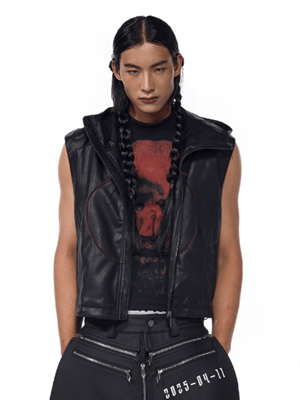 Black Faux Leather Hooded Vest with Red Stars – on model, front | XoKool