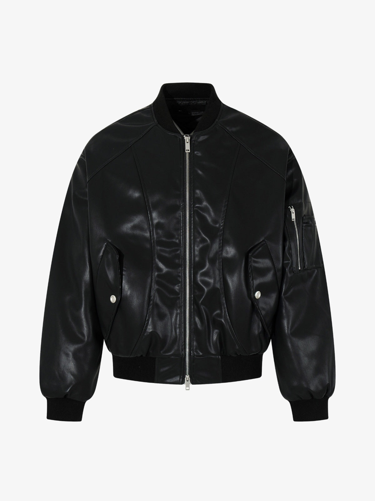 Black Faux Leather MA-1 Bomber Jacket – Black, front view | XoKool
