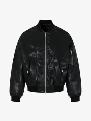 Black Faux Leather MA-1 Bomber Jacket – Black, front view | XoKool