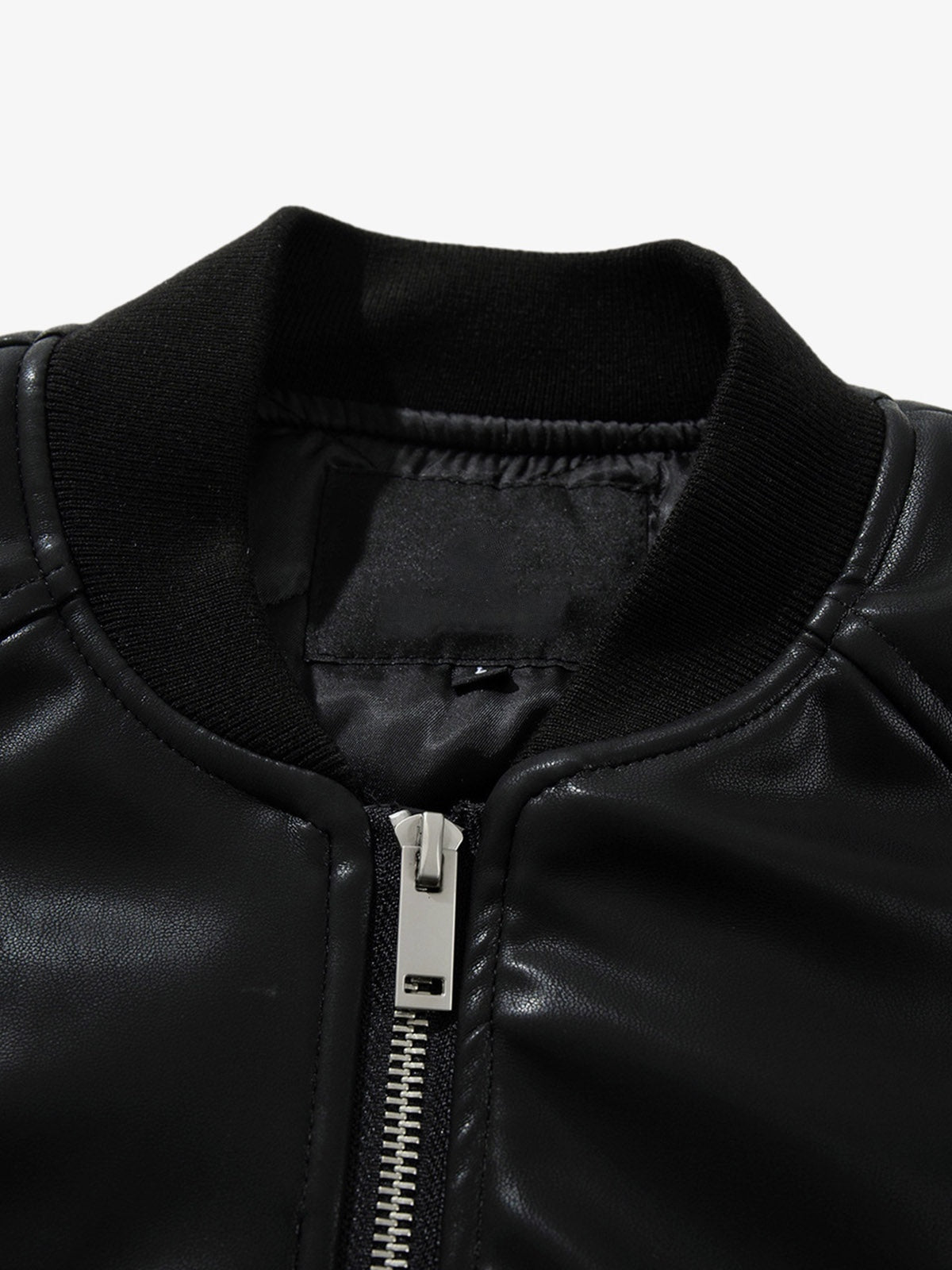 Black Faux Leather MA-1 Bomber Jacket – Black, collar and inner neck close-up | XoKool