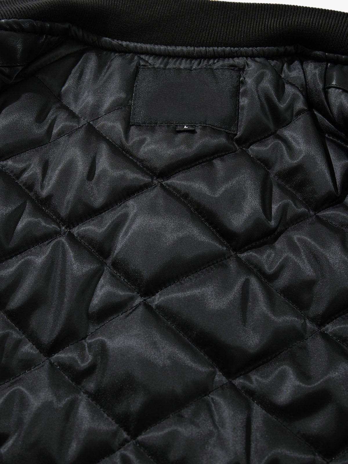 Black Faux Leather MA-1 Bomber Jacket – Black, quilted lining close-up | XoKool