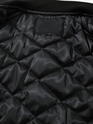 Black Faux Leather MA-1 Bomber Jacket – Black, quilted lining close-up | XoKool