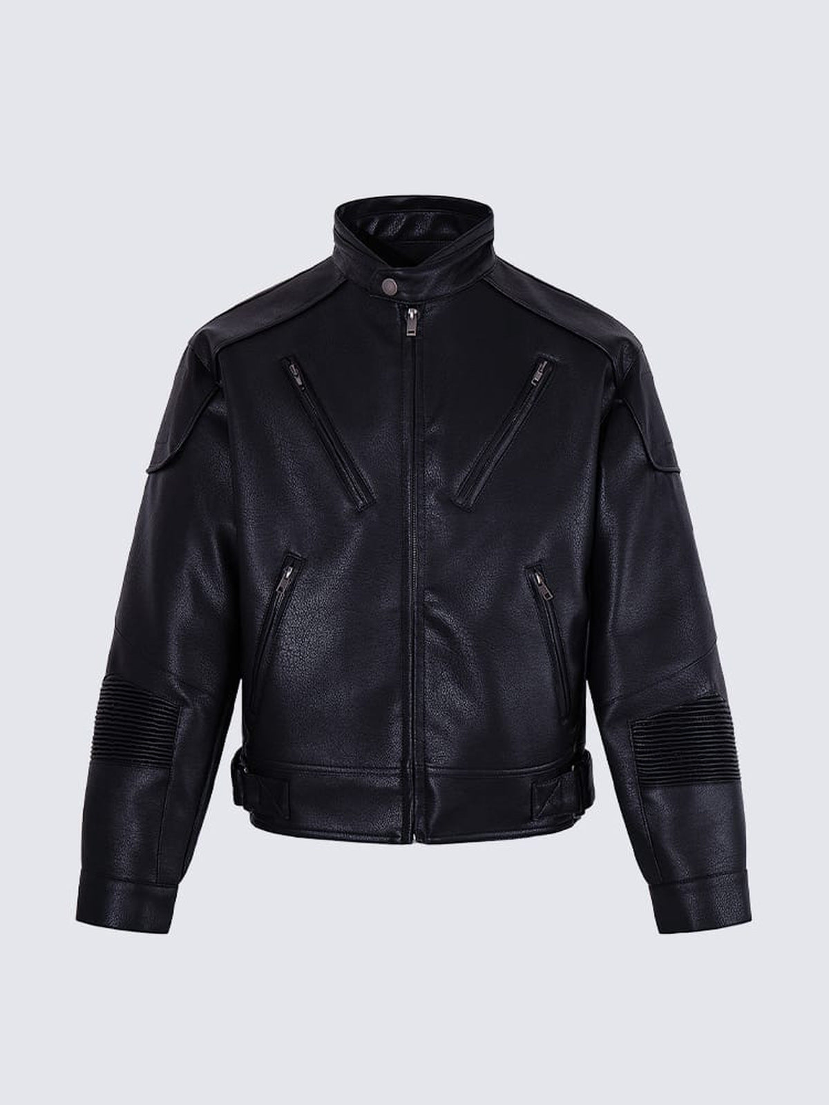 Chaqueta moto negra de cuero sintético con bolsillos con cremallera – negra, frente | XoKool