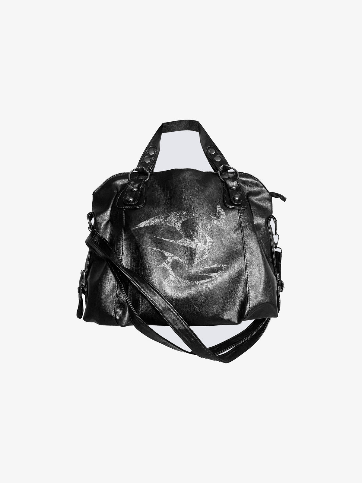 Schwarze Tote Bag aus Kunstleder mit silbernem Tribal-Print – schwarze Tasche, Vorderansicht | XoKool