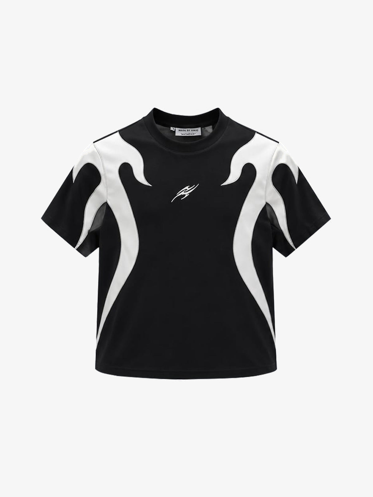 Black Flame T Shirt with Stitched Panels – Black, front view | XoKool