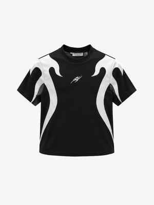 Black Flame T Shirt with Stitched Panels – Black, front view | XoKool