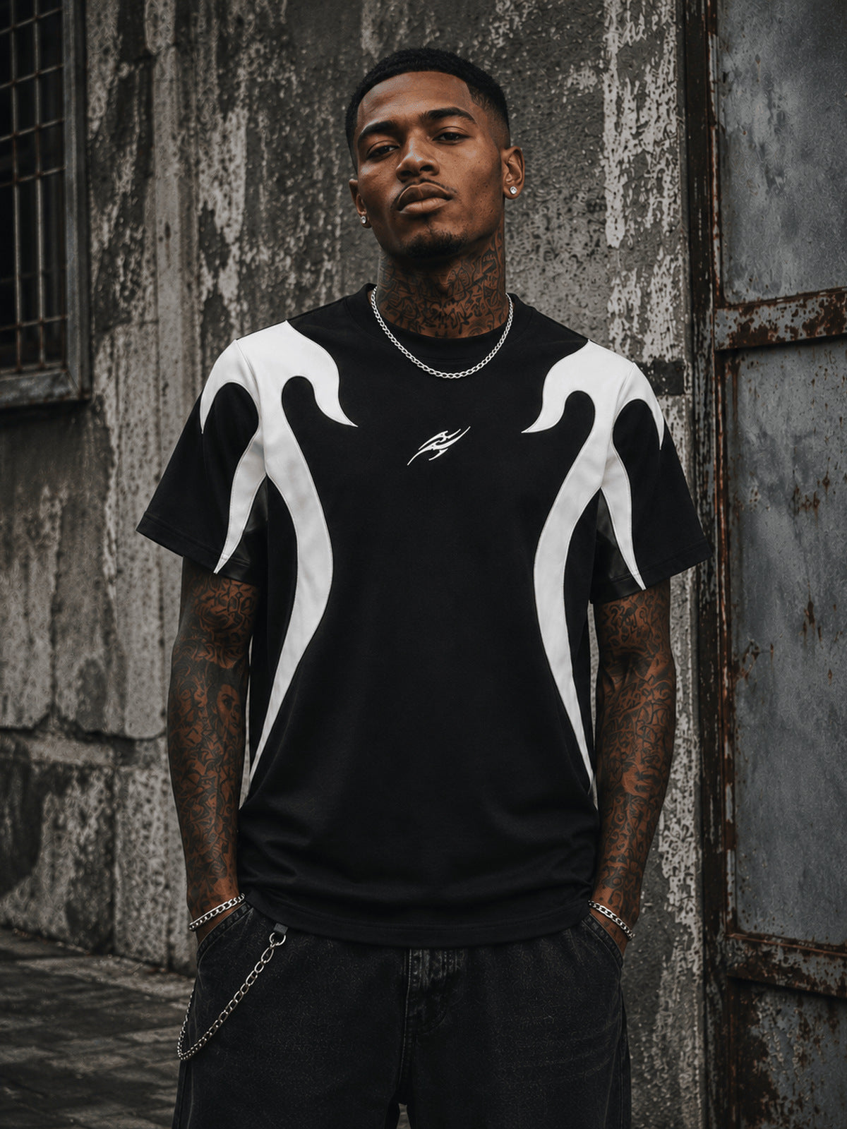 Black Flame T Shirt with Stitched Panels – on model, front, street | XoKool
