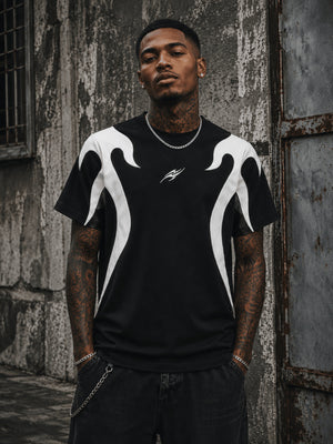 Black Flame T Shirt with Stitched Panels – on model, front, street | XoKool