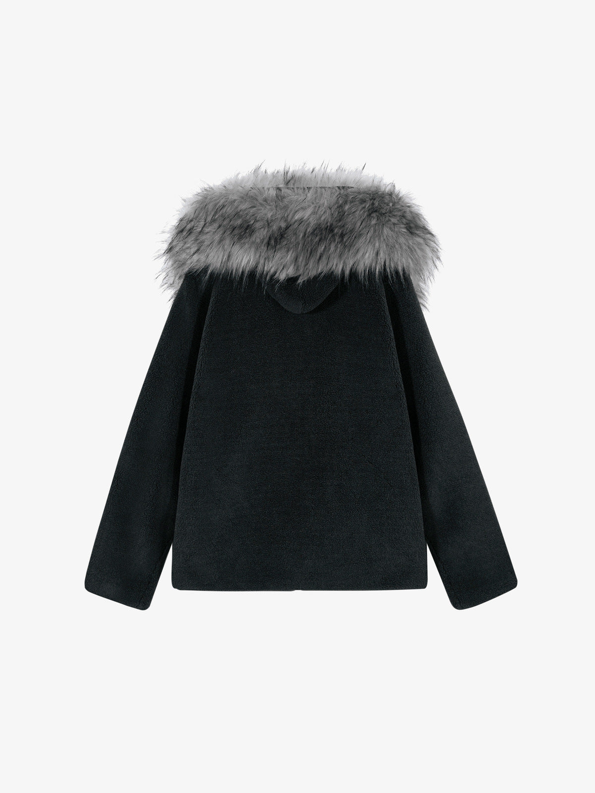 Black Fleece Hooded Jacket with Faux Fur Trim – Black, back view | XoKool
