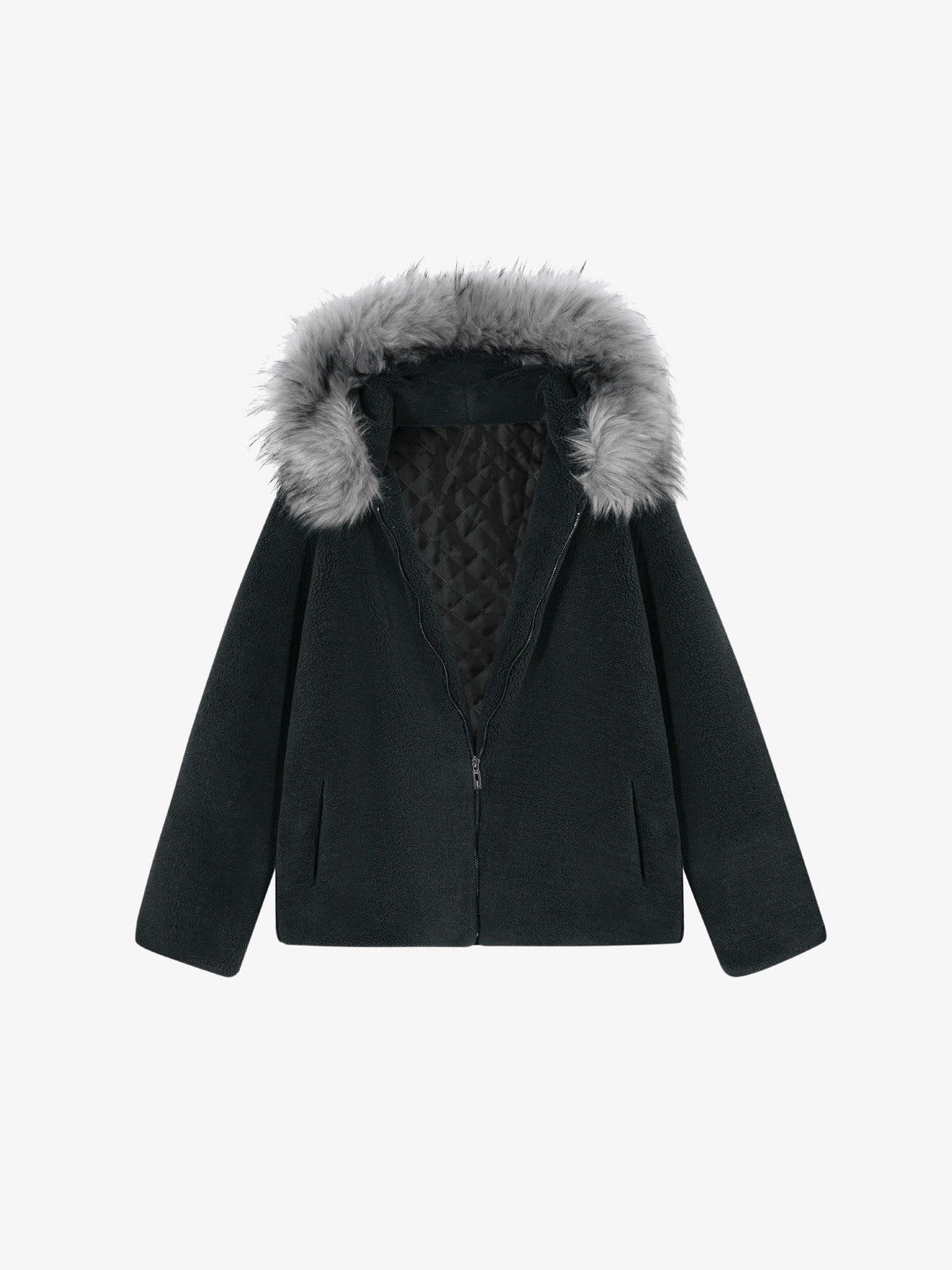 Black Fleece Hooded Jacket with Faux Fur Trim – Black, front view | XoKool