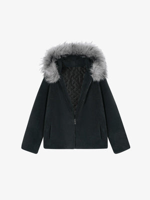 Black Fleece Hooded Jacket with Faux Fur Trim – Black, front view | XoKool