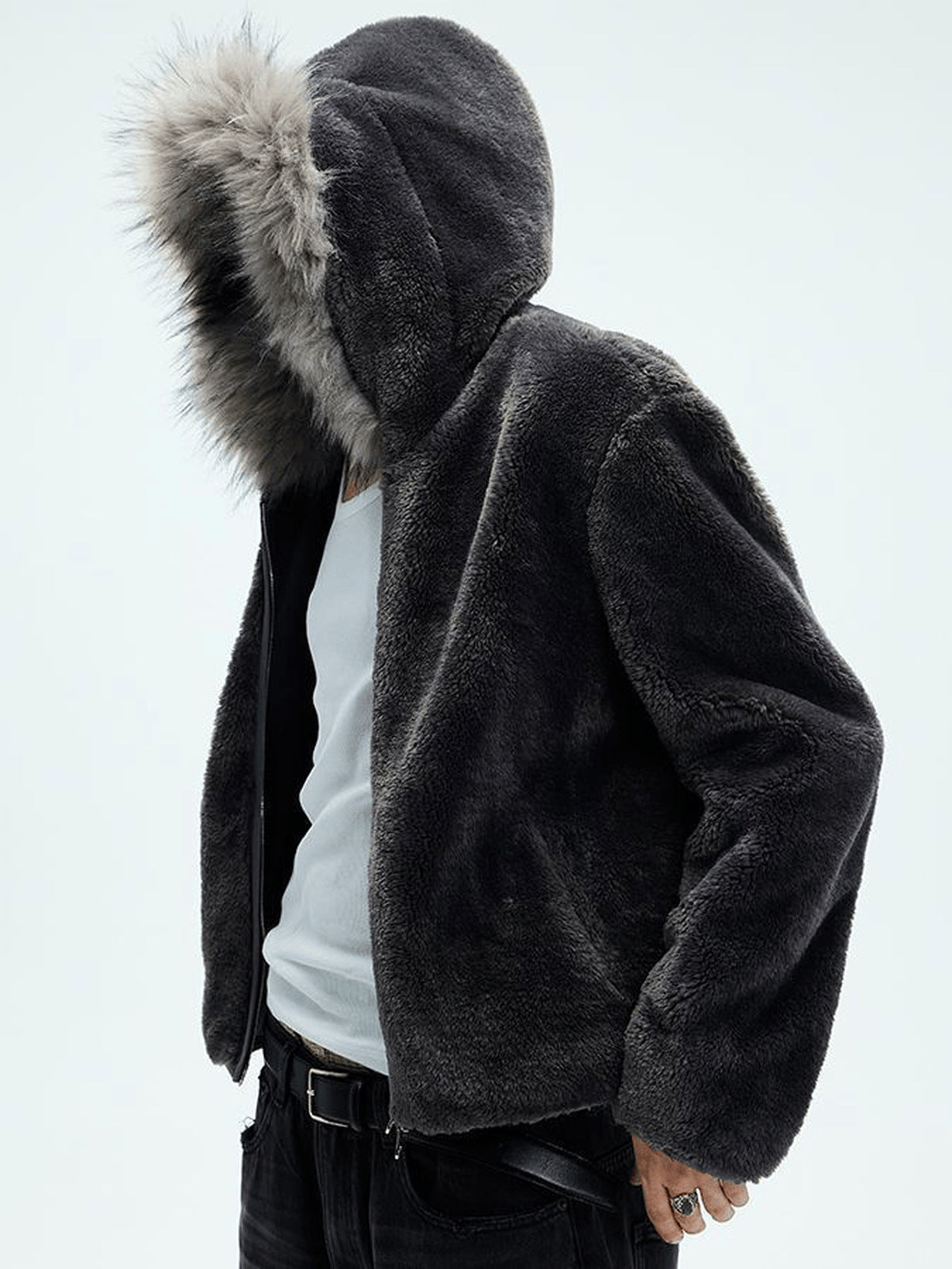 Black Fleece Hooded Jacket with Faux Fur Trim – on model, side, hood up | XoKool