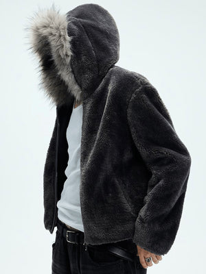 Black Fleece Hooded Jacket with Faux Fur Trim – on model, side, hood up | XoKool