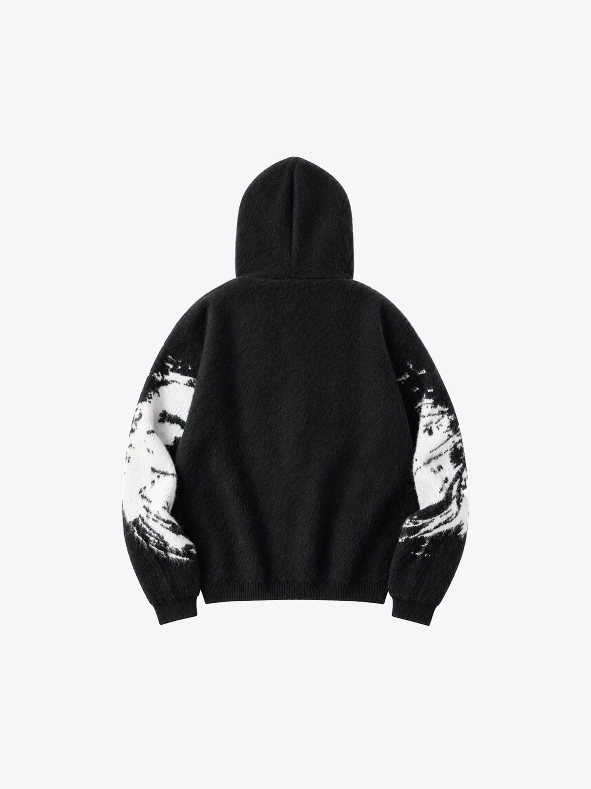 Schwarzer Fuzzy Knit Zip Hoodie mit Abstract-Print – Schwarz, Rückansicht | XoKool